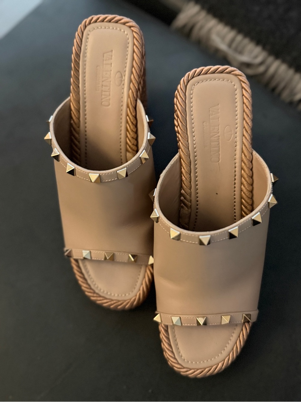 Valentino Garavani Tan Leather Pyramid-Stud Slide Mules